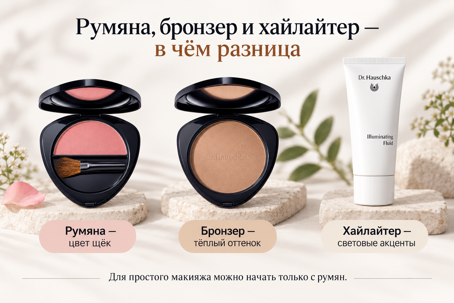 Румяна, бронзер и хайлайтер — в чём разница
