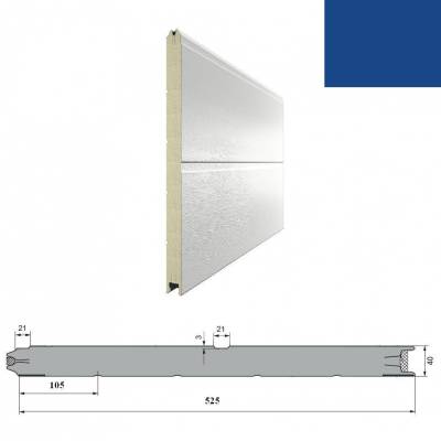 Сэндвич-панель DoorHan 15D08/S00-5005/9003 с широкой центральной полосой для сборки. Структура панели Ндерево /Нстукко цвет синий (RAL5005)/белый(RAL9003) и высотой 525 мм., Цвет: синий, изображение 2