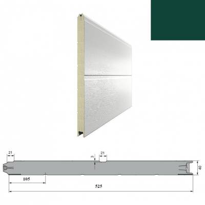 Сэндвич-панель DoorHan 15D08/S00-6005/9003 с широкой центральной полосой для сборки. Структура панели Ндерево /Нстукко цвет зеленый (RAL6005)/белый(RAL9003) и высотой 525 мм., Цвет: зеленый, изображение 2