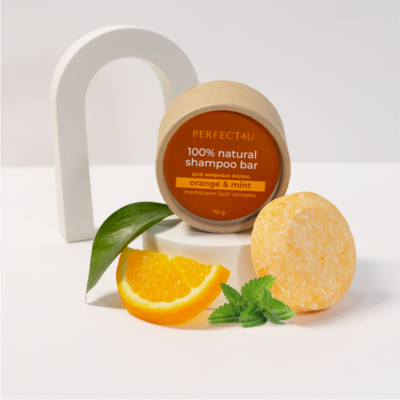 Натуральный твёрдый шампунь "Апельсин и мята" для жирных волос PERFECT4U, 70 г, Варианты: Твердый шампунь Апельсин и мята, изображение 2