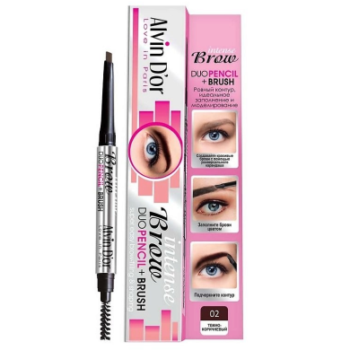 ALVIN D'OR P-9 карандаш для бровей механический с щеточкой Intense Brow + Brush, 02 Dark Brown, Цвет: темно-коричневый