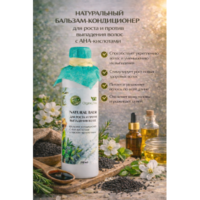 Бальзам-кондиционер с АНА-кислотами и маслом черного тмина "Для роста и против выпадения волос" OZ! OrganicZone, 250 мл, Варианты: Бальзам-кондиционер с AHA-кислотами Для роста и против выпадения волос, изображение 3