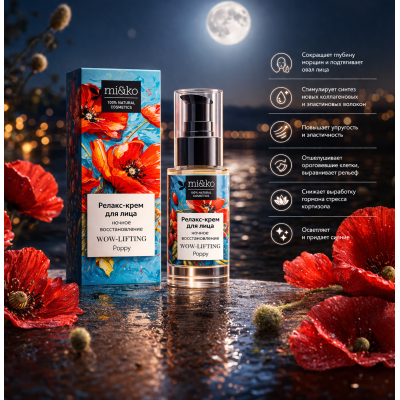Релакс-крем для лица Ночное восстановление WOW-lifting Poppy Mi&Ko, 30мл, Варианты: Релакс-крем для лица Ночное восстановление WOW-lifting Poppy, изображение 2