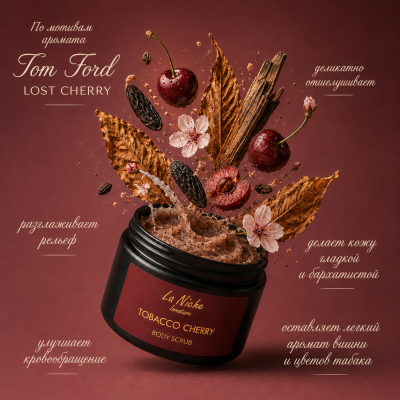 Натуральный парфюмированный скраб для тела "Tobacco Сherry" INNATURE La Niche по мотивам Tom Ford "LOST CHERRY", 250 мл, Варианты: Парфюмированный скраб для тела Tobacco Сherry, изображение 2