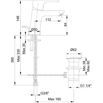 Смеситель для раковины 102188056EX с донным клапаном, изображение 2