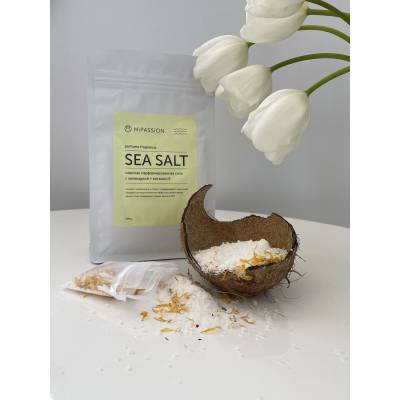Морская парфюмированная соль с цветками календулы и витамином Е (в комплекте пакетик из органзы) MiPASSiON, 500 г, Варианты: Морская парфюмированная соль с цветками календулы, изображение 4